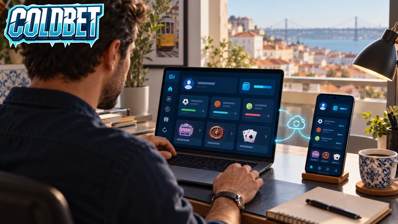 Conta ColdBet sincronizada entre smartphone Android e computador com saldo e histórico partilhados