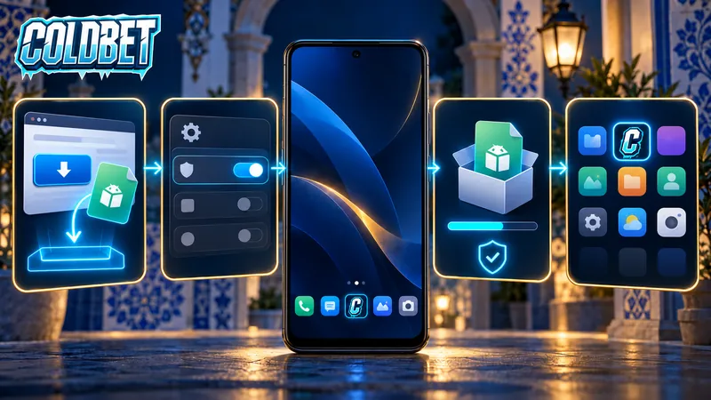 Processo de instalação do ColdBet APK no Android com download, permissões, instalação e aplicação pronta a utilizar.