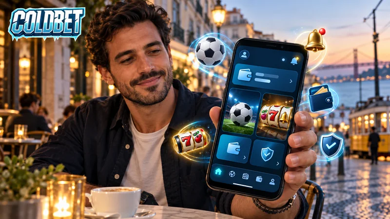 Aplicação móvel ColdBet num smartphone Android com acesso a apostas desportivas, casino, saldo e notificações
